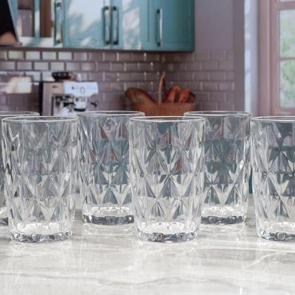 Imagem de Jogo De Copo De Vidro Diamante Para Agua Suco Bebidas Conjunto De 6 Copos Resistente Vidro Grosso Diamond Linha Premium 370ml