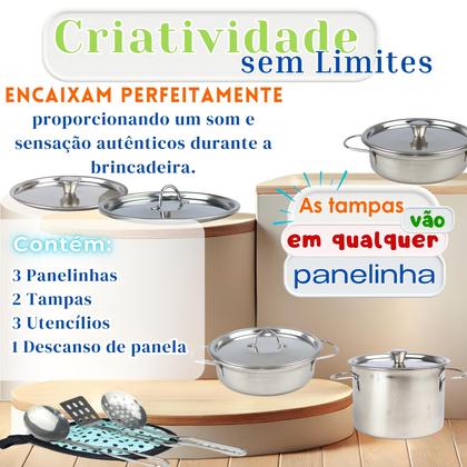 Imagem de Jogo De Cozinha Infantil inox 3 Panelas Com 2 Tampas E Talheres