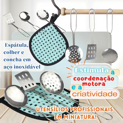 Imagem de Jogo De Cozinha Infantil inox 3 Panelas Com 2 Tampas E Talheres