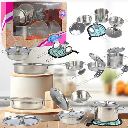 Imagem de Jogo De Cozinha Infantil inox 3 Panelas Com 2 Tampas E Talheres