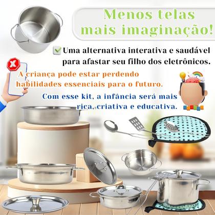 Imagem de Jogo De Cozinha Infantil inox 3 Panelas Com 2 Tampas E Talheres