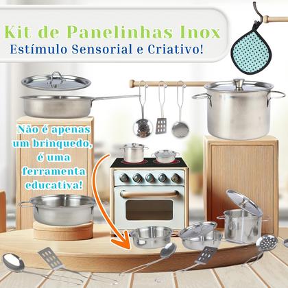 Imagem de Jogo De Cozinha Infantil inox 3 Panelas Com 2 Tampas E Talheres