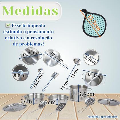 Imagem de Jogo De Cozinha Infantil inox 3 Panelas Com 2 Tampas E Talheres