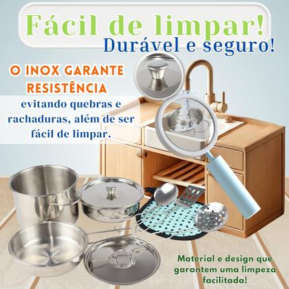 Imagem de Jogo De Cozinha Infantil inox 3 Panelas Com 2 Tampas E Talheres