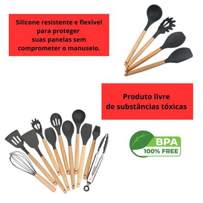 Imagem de Jogo de Cozinha Kit com 12 Peças de Silicone, Utensílios e Copo Suporte para Cozinha Cabo de Madeira