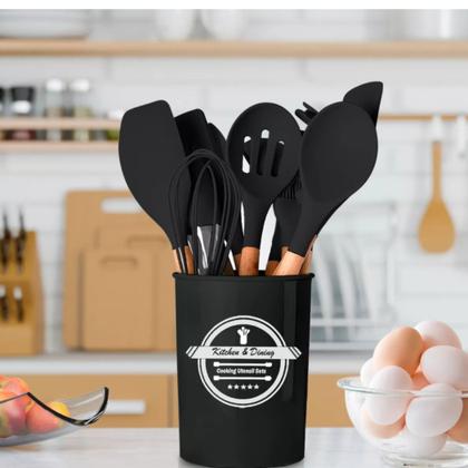 Imagem de Jogo de Cozinha Kit com 12 Peças de Silicone, Utensílios e Copo Suporte para Cozinha Cabo de Madeira