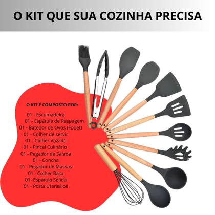 Imagem de Jogo de Cozinha Kit com 12 Peças de Silicone, Utensílios e Copo Suporte para Cozinha Cabo de Madeira