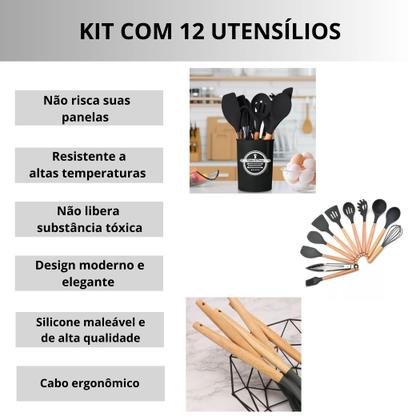 Imagem de Jogo de Cozinha Kit com 12 Peças de Silicone, Utensílios e Copo Suporte para Cozinha Cabo de Madeira