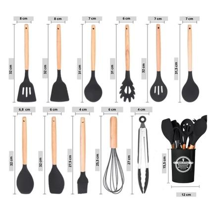 Imagem de Jogo de Cozinha Kit com 12 Peças de Silicone, Utensílios e Copo Suporte para Cozinha Cabo de Madeira
