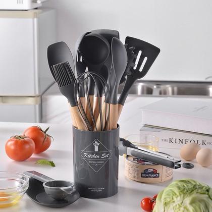 Imagem de Jogo de Cozinha Kit com 12 Peças de Silicone, Utensílios e Copo Suporte para Cozinha Cabo de Madeira