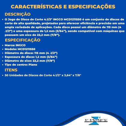 Imagem de Jogo de Disco de Corte 4.1/2" INGCO MCD1211550 Com 50 Un