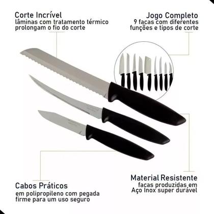 Imagem de Jogo De Facas 9 facas Plenus Sortidos Laminas de Aço Inox