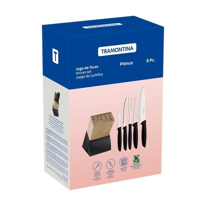 Imagem de Jogo de Facas Tramontina Plenus com Lâminas em Aço Inox Preto e Suporte de Madeira 6 Peças - 23498028