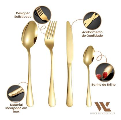 Imagem de Jogo De Faqueiro Talher Luxo Dourado Aço Inox 24 Pcs Completo