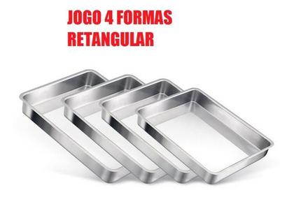 Imagem de Jogo de forma assadeira retangular para bolos e tortas com 6cm de altura em alumínio polido com 4 peças