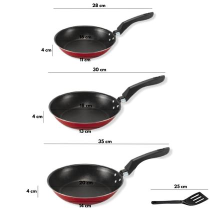 Imagem de Jogo De Frigideiras  3 Peças Vermelha com Espátula Linha Premium J4TECH Alumínio Antiaderente Teflon Ultra Resistente 