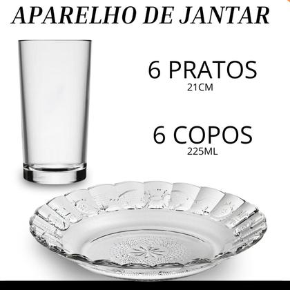 Imagem de Jogo de Jantar 12 Peças de Vidro  6 Pratos 6 Copos  Design Elegante com Alto Relevo