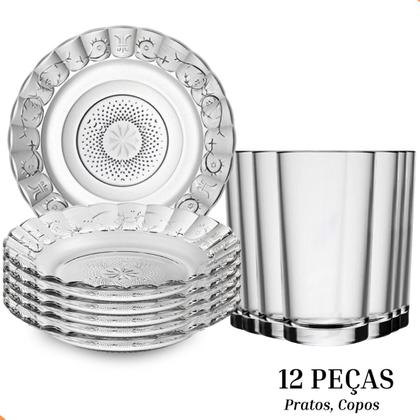 Imagem de Jogo de Jantar 12 Peças de Vidro  6 Pratos 6 Copos  Design Elegante com Alto Relevo