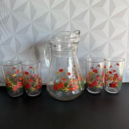 Imagem de Jogo de jarra com 4 copos de vidro decorado jardim com flores vermelho 5 peças para suco mesa