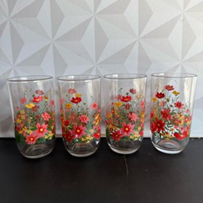 Imagem de Jogo de jarra com 4 copos de vidro decorado jardim com flores vermelho 5 peças para suco mesa