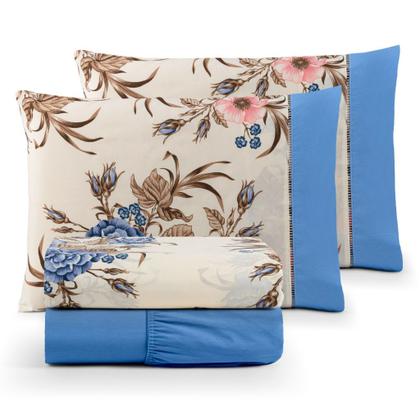 Imagem de Jogo de lençol/cama 4 peças 100% algodão estampados com elástico e ponta palito casal