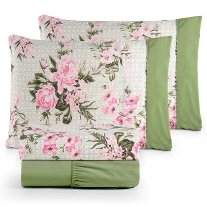 Imagem de Jogo de lençol/cama 4 peças 100% algodão estampados com elástico e ponta palito casal