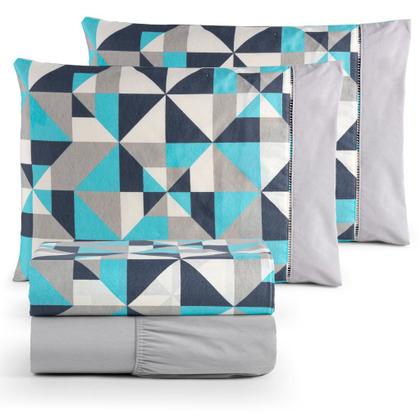 Imagem de Jogo de lençol/cama 4 peças 100% algodão estampados com elástico e ponta palito casal