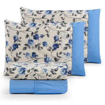 Imagem de Jogo de lençol/cama 4 peças 100% algodão estampados com elástico e ponta palito casal