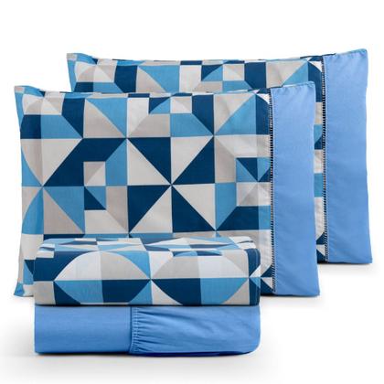 Imagem de Jogo de lençol/cama 4 peças 100% algodão estampados com elástico e ponta palito casal