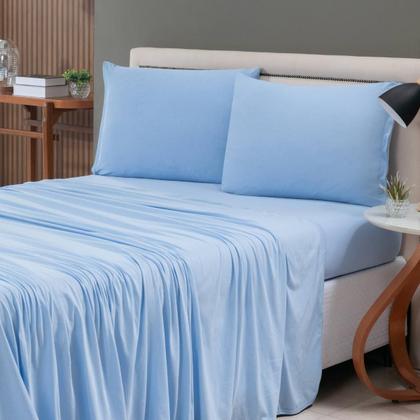 Imagem de Jogo de Lençol Cama Liso Casal 04 Pçs Malha 100% Algodão Macio Elástico Toda Volta Luxo