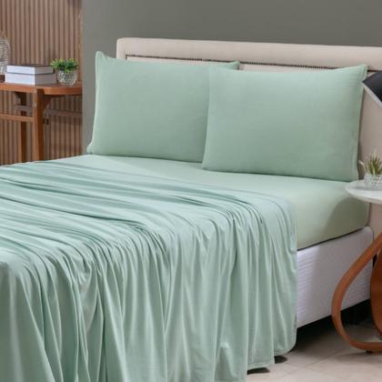 Imagem de Jogo de Lençol Cama Liso Casal 04 Pçs Malha 100% Algodão Macio Elástico Toda Volta Luxo