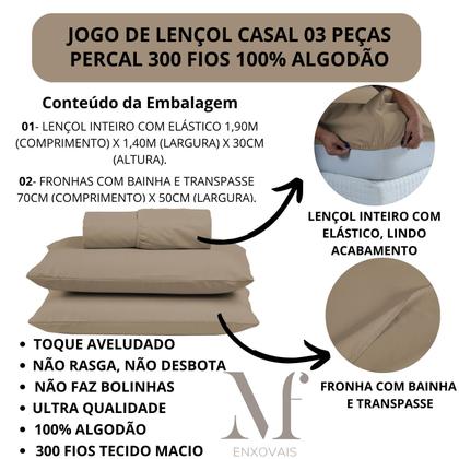 Imagem de Jogo de Lençol Casal 300 Fios 100% Algodão 03 Peças Lençol com Elástico e Fronha Cama Box