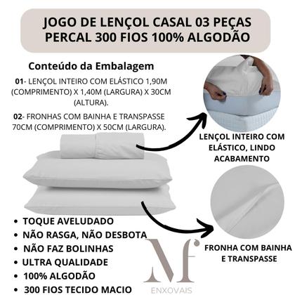 Imagem de Jogo de Lençol Casal 300 Fios 100% Algodão 03 Peças Lençol com Elástico e Fronha Cama Box