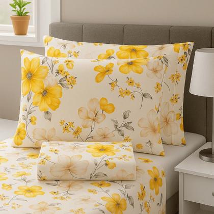 Imagem de Jogo de Lençol Casal em Percal Estampado 100% Algodão com Elástico + 2 Fronha Ponto Palito