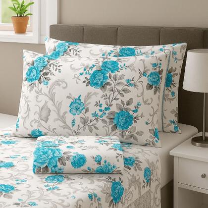 Imagem de Jogo de Lençol Casal em Percal Estampado 100% Algodão com Elástico + 2 Fronha Ponto Palito