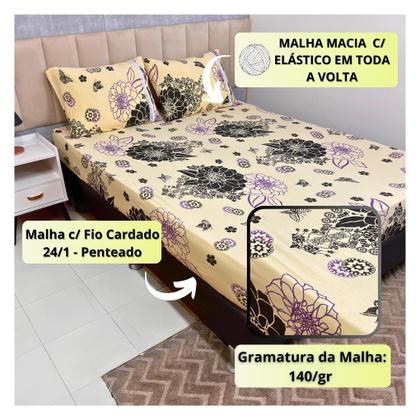 Imagem de Jogo de Lençol de Malha Casal 3 peças Estampado 100% Algodão Elástico Fronha c/ Zíper