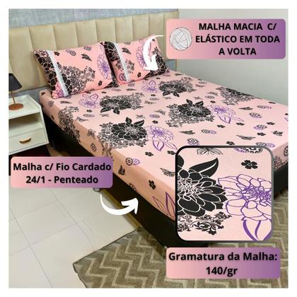 Imagem de Jogo de Lençol de Malha Casal 3 peças Estampado 100% Algodão Elástico Fronha c/ Zíper