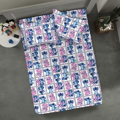 Imagem de Jogo de Lençol KazzaVip Casal Malha Mista 70% Algodão e 30% Poliéster Estampado Disney Stitch Quadros Kids 3 Peças Lilas