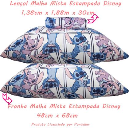 Imagem de Jogo de Lençol KazzaVip Casal Malha Mista 70% Algodão e 30% Poliéster Estampado Disney Stitch Quadros Kids 3 Peças Lilas