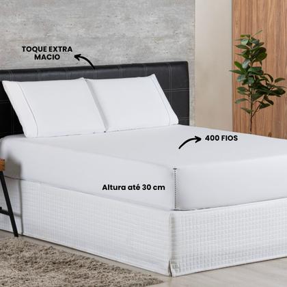 Imagem de Jogo de Lençol King 400 Fios Ponto Palito Lençol com Elástico e Fronha Branco 03 Peças