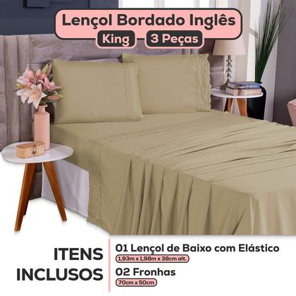 Imagem de Jogo De Lençol King Size 3 Peças 400 Fios Micropercal Bordado Inglês Toque Macio Luxo Premium