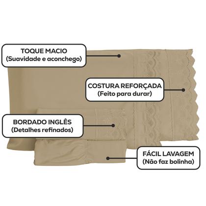 Imagem de Jogo De Lençol King Size 3 Peças 400 Fios Micropercal Bordado Inglês Toque Macio Luxo Premium