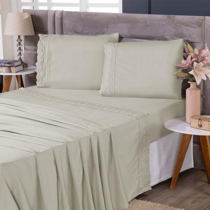 Imagem de Jogo De Lençol King Size 3 Peças 400 Fios Micropercal Bordado Inglês Toque Macio Luxo Premium