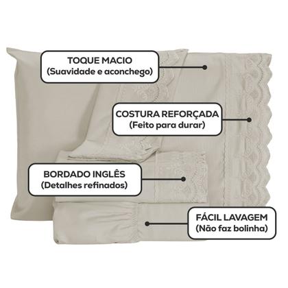 Imagem de Jogo De Lençol King Size 3 Peças 400 Fios Micropercal Bordado Inglês Toque Macio Luxo Premium