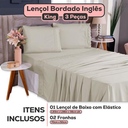 Imagem de Jogo De Lençol King Size 3 Peças 400 Fios Micropercal Bordado Inglês Toque Macio Luxo Premium