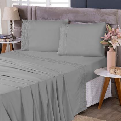 Imagem de Jogo De Lençol King Size 3 Peças 400 Fios Micropercal Bordado Inglês Toque Macio Luxo Premium