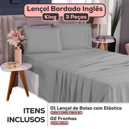 Imagem de Jogo De Lençol King Size 3 Peças 400 Fios Micropercal Bordado Inglês Toque Macio Luxo Premium