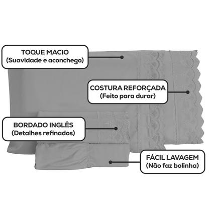 Imagem de Jogo De Lençol King Size 3 Peças 400 Fios Micropercal Bordado Inglês Toque Macio Luxo Premium