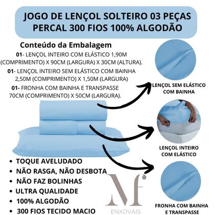 Imagem de Jogo de Lençol Solteiro 300 Fios 100% Algodão 03 Peças Lençol com Elástico e Fronha Cama Box