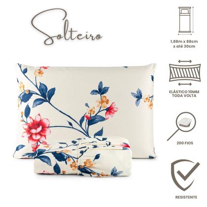 Imagem de Jogo de Lençol Solteiro com Elástico Estampado Percal 200 Fios 02 Peças Felicità